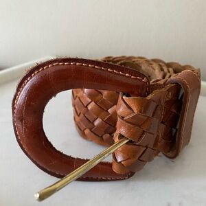Women’s Wide Braided Cognac Leather Belt Arched Leather Gold  Buckle S/M READ